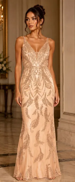 New Mac Duggal Pink V-Neck Sequin Embellished Gown Style 6015 – Apricot – Size 6 thumbnail 1