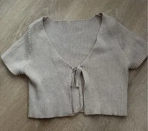 SHEIN Beige Tie-Front Ribbed Knit Crop Cardigan Top Size M thumbnail 1