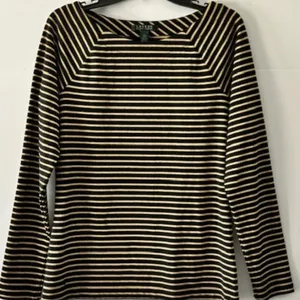 Lauren Ralph Lauren L Black Gold Metallic Striped Square Neck Knit Pullover Top thumbnail 2