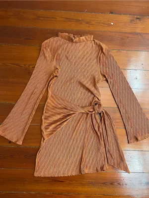 NWT Gilli Rust Plisse Ribbed Long Sleeve Front Knot Mini Dress Sz L 💚🎀 thumbnail 7