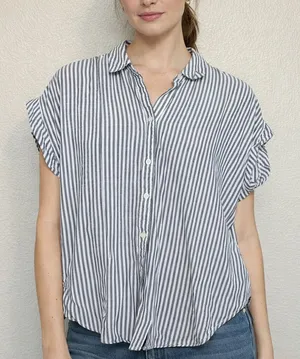 Abercrombie & Fitch Navy and White Striped Button Down Shirt Coastal thumbnail 1