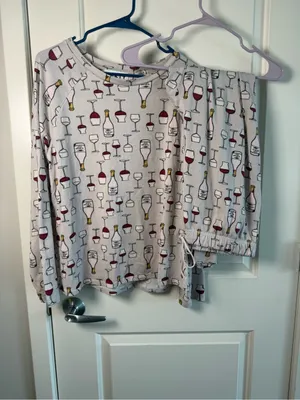 Women's Wine Glass Print Long Sleeve Pajama Set - Cream/Red thumbnail 2