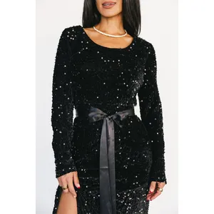 Baltic Born NWOT Julia Sequin Maxi‎ Dress Black Long Sleeve Side Slit L thumbnail 3