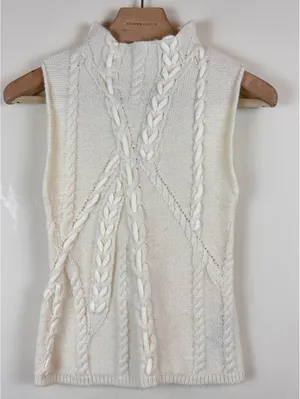 ZARA Ivory Cable Knit Wool Blend Sleeveless Mock Neck Sweater Vest Size S thumbnail 2