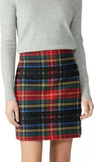 J. Crew Tartan Plaid Wool Blend Tweed Mini Skirt with Black Glitter Accemts thumbnail 1