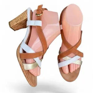 Aerosoles White Gold Tan Leather Strappy Slingback 3" Heel Sandals Size 8 Boho thumbnail 1