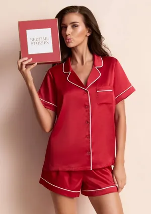 Ekouaer Bedtime Stories Red Satin Short-Sleeve Pajama Set with White Piping in Size M thumbnail 1
