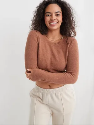 Aerie tan textured open back sweater long sleeve crop top XS cotton thumbnail 3