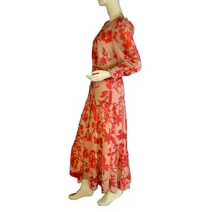 Sam Edelman Red & Tan Floral Print Chiffon Maxi Dress Nwt (6) thumbnail 4