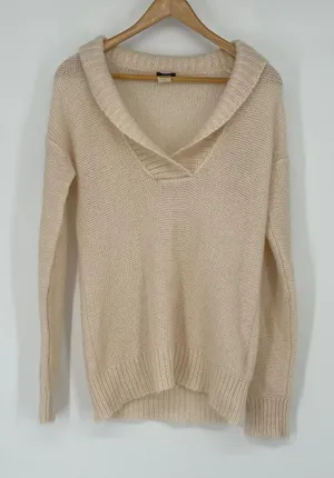 J. Crew Beige‎ Fuzzy Knit Shawl Collar V Neck Pullover Sweater XS Mohair Blend thumbnail 1
