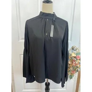 T Tahari Blouse Womens Size S Black Mock Neck Keyhole Large Bell Sleeve Chic thumbnail 3