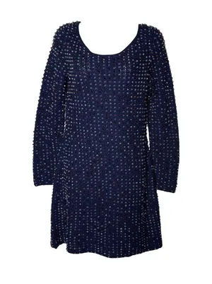 NWT DOEN Solandis Navy Beaded Crochet Long Sleeve Knit Mini Bodycon Dress sz M thumbnail 1