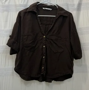 Zara Brown Button Down Short Sleeve Top thumbnail 1