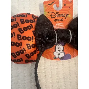NWT Disney Minnie Mouse Boo! Halloween Orange Black Sequin Glow-in-the-Dark Ears thumbnail 2