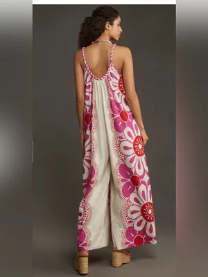 Farm Rio Maia Linen Jumpsuit Bold Floral Fuchsia & Red Size Small thumbnail 2