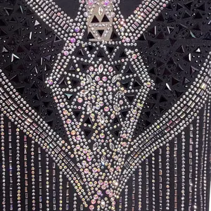 NWOT BANJUL Rhinestone Black Romper Mesh‎ Plunge V Long Sleeve - Large thumbnail 3