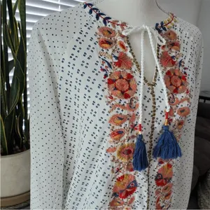 NWT Bohme Spanish Embroidered White Top Tassels Gold Beading M thumbnail 7