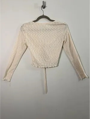 Lush Women’s Small Cream Ribbed Ruched Front Long Sleeve Crop Top Boho Coquette thumbnail 2