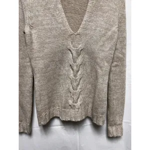 Banana Republic Womens Small Beige‎ Lambswool Cashmere V-Neck Cable Knit Sweater thumbnail 3