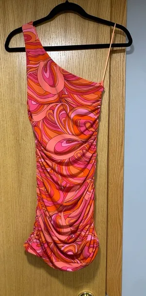 Olivaceous Retro Print One-Shoulder Bodycon Mini Dress - Size Small thumbnail 1