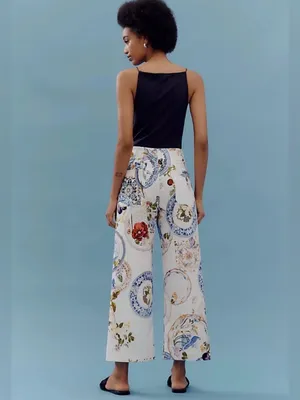 Anthropologie Maeve Colette Floral Porcelain Print Wide-Leg Pants Costal Travel thumbnail 4