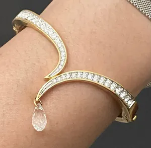 SWAROVSKI Vintage Signed Gold-tone Hinged V Bangle With Teardrop Crystal Charm thumbnail 4