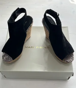 Marc Fisher Black Suede Peep Toe Espadrille Wedge Sandals Size 6.5M‎ thumbnail 1