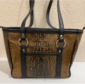 Faux Crocodile Embossed Tote Bag Brown Black Shoulder Handbag Zip Top Large thumbnail 5