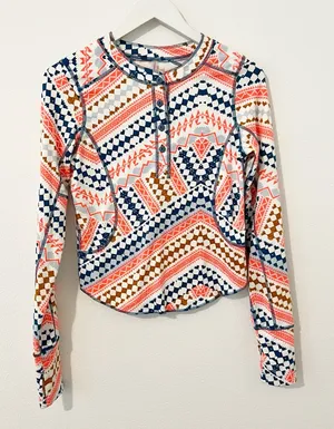 Free People Aztec Print Henley Long Sleeve Top Medium M thumbnail 1