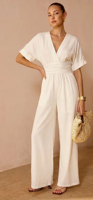 Commense Off White Tencel Ruched Waist Wide Leg Jumpsuit M NWT thumbnail 1