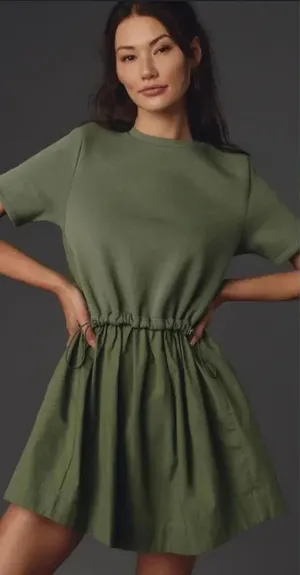 Anthropologie Pilcro Sweatshirt Twofer Mini‎ Dress Short-Sleeve Moss Green Small thumbnail 1