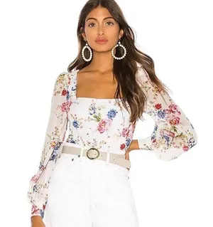 LPA CORA FLORAL LONG puff SLEEVE SQUARE NECK CROPPED BLOUSE TOP M thumbnail 1