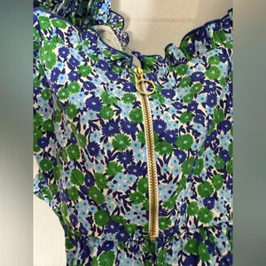 Zara Blue Green Floral Cropped Ruffle Short‎ Sleeve Cotton Blouse Large thumbnail 4