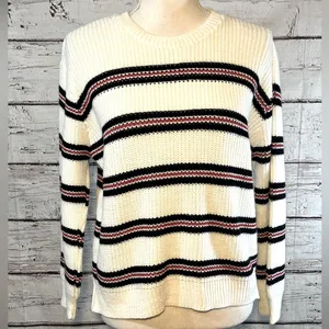 COTTON EMPORIUM Crewneck Sweater Loose Knit White w Red/Blue Stripes-Medium thumbnail 1