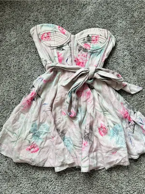 Bardot Strapless Floral Tie-Waist Mini Dress in Light Pink thumbnail 1