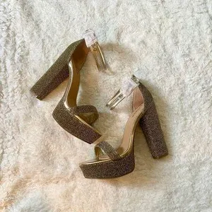 Bamboo Beautiful Gold glam Party Wedding Prom metallic glittery felt platform high chunky heels thumbnail 1
