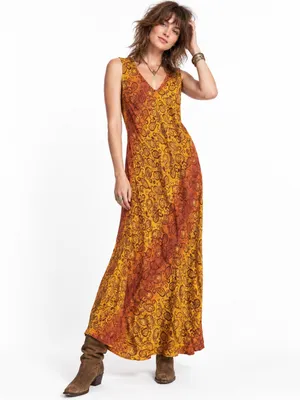 Vintage Gabrielle Orange Brown Paisley Sleeveless Maxi Dress Bohemian Fall Artsy thumbnail 2