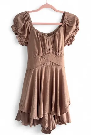 Altar'd State Taupe Haisley Double Layered Romper Mini Puff-Sleeve Tiered Size L thumbnail 1