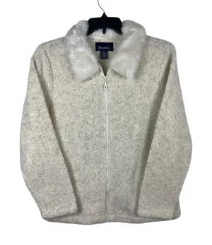 VTG 90s Y2K Denim & Co Faux Fur Collar Sherpa Fleece Zip Jacket M Ivory Coat thumbnail 1