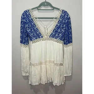 Free People Dusk to Dawn Dress Boho Sz 2 White Blue‎ Crochet Deep V Long Sleeve thumbnail 3