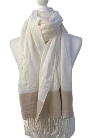 Textured Scarf Fringed Shawl Butterfly Design Neutral Cream 70 x 36 inch​​‎ thumbnail 1
