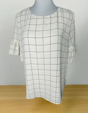 LOFT Top Sz M Ivory Plaid Round Neck Short Sleeve Keyhole Back Peplum Lined thumbnail 1