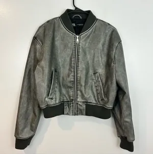 Zara Grey Zip Up Faux Leather Vegan Bomber Jacket Size Medium thumbnail 1