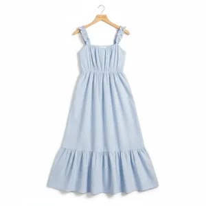 Time and Tru Womens Midi Dress Sz M Blue Ash Stripe Ruffle Strap Tie Back Flowy thumbnail 2