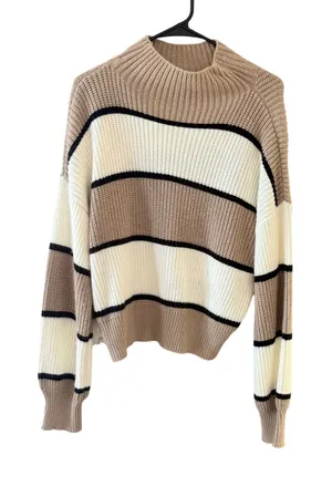 SheIn Preppy Womens Striped Mock‎ Neck Chunky Knit Sweater Beige Cream Black Size M thumbnail 1