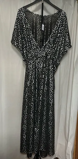 Swimsuits For All Black & Silver Polka Dot V-Neck Swim Coverup with Self Tie thumbnail 1