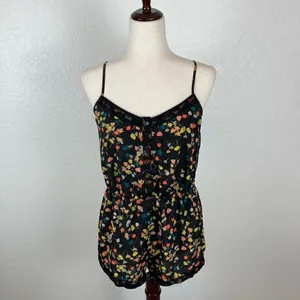 Urban Outfitters Kimchi Blue Black Floral Button Front Baby Doll Romper womens M thumbnail 2