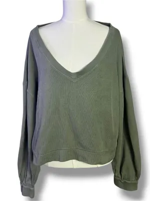 Free People Oversized Comfort Zone V Neck Pullover Sweatshirt Basil Medium NWT thumbnail 6