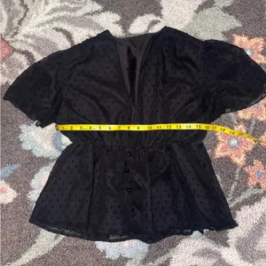 LAYNER Deep V Neck Ruffle Polka Dot Top Pom Pom Peplum Shirt Blouse size large thumbnail 6
