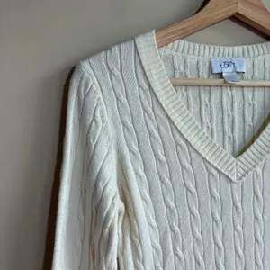 Ann Taylor LOFT rabbit‎ hair cream white cable knit ribbed sweater women's S thumbnail 2